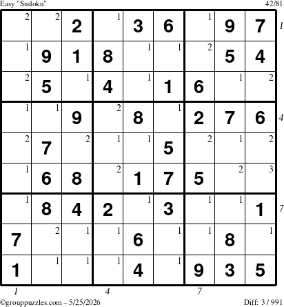 The grouppuzzles.com Easy Sudoku puzzle for Monday May 25, 2026, suitable for printing, with all 3 steps marked