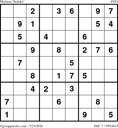The grouppuzzles.com Medium Sudoku puzzle for Monday May 25, 2026