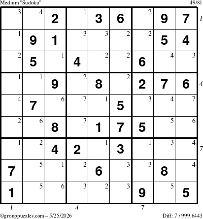 The grouppuzzles.com Medium Sudoku puzzle for Monday May 25, 2026 with all 7 steps marked