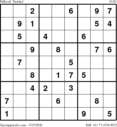 The grouppuzzles.com Difficult Sudoku puzzle for Monday May 25, 2026