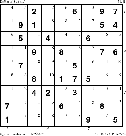 The grouppuzzles.com Difficult Sudoku puzzle for Monday May 25, 2026 with all 10 steps marked