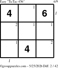 The grouppuzzles.com Easy TicTac-456 puzzle for Monday May 25, 2026 with all 2 steps marked