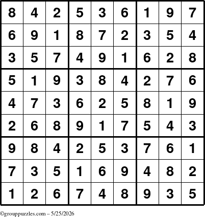 The grouppuzzles.com Answer grid for the Sudoku puzzle for Monday May 25, 2026