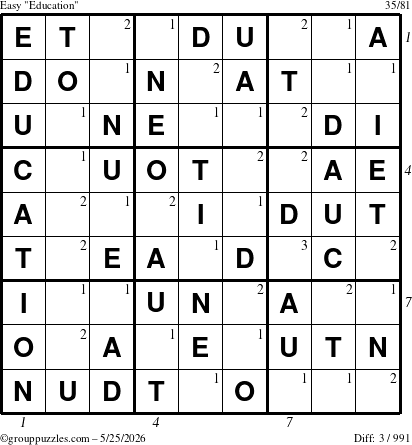 The grouppuzzles.com Easy Education-c1 puzzle for Monday May 25, 2026, suitable for printing, with all 3 steps marked
