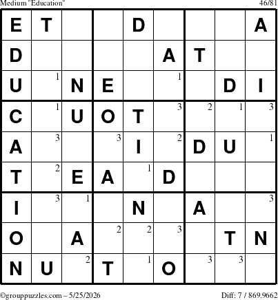 The grouppuzzles.com Medium Education-c1 puzzle for Monday May 25, 2026 with the first 3 steps marked