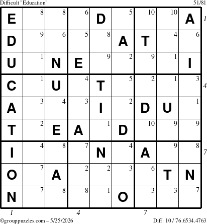 The grouppuzzles.com Difficult Education-c1 puzzle for Monday May 25, 2026, suitable for printing, with all 10 steps marked