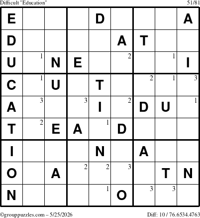 The grouppuzzles.com Difficult Education-c1 puzzle for Monday May 25, 2026 with the first 3 steps marked