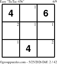 The grouppuzzles.com Easy TicTac-456 puzzle for Monday May 25, 2026 with the first 2 steps marked