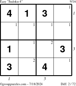 The grouppuzzles.com Easy Sudoku-4 puzzle for Thursday July 18, 2024 with all 2 steps marked