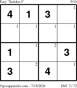 The grouppuzzles.com Easy Sudoku-4 puzzle for Thursday July 18, 2024 with the first 2 steps marked