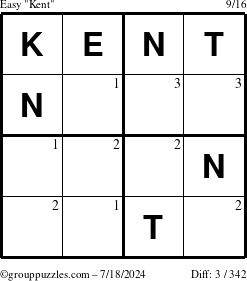 The grouppuzzles.com Easy Kent puzzle for Thursday July 18, 2024 with the first 3 steps marked