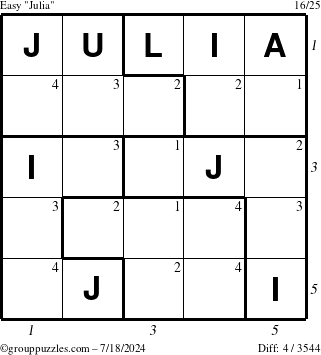 The grouppuzzles.com Easy Julia puzzle for Thursday July 18, 2024 with all 4 steps marked