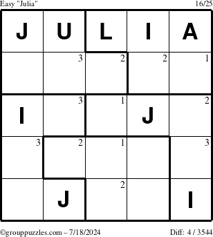 The grouppuzzles.com Easy Julia puzzle for Thursday July 18, 2024 with the first 3 steps marked