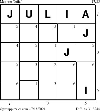 The grouppuzzles.com Medium Julia puzzle for Thursday July 18, 2024 with all 6 steps marked