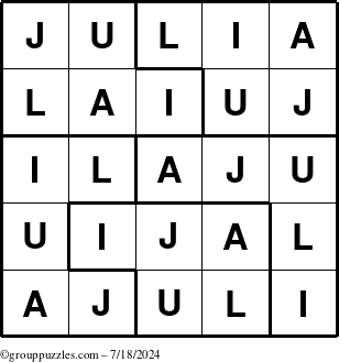 The grouppuzzles.com Answer grid for the Julia puzzle for Thursday July 18, 2024