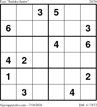 The grouppuzzles.com Easy Sudoku-Junior puzzle for Thursday July 18, 2024