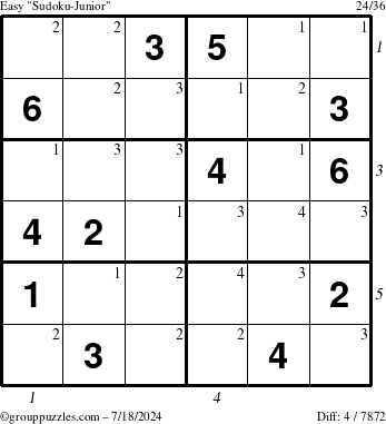 The grouppuzzles.com Easy Sudoku-Junior puzzle for Thursday July 18, 2024 with all 4 steps marked