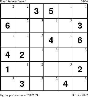 The grouppuzzles.com Easy Sudoku-Junior puzzle for Thursday July 18, 2024 with the first 3 steps marked