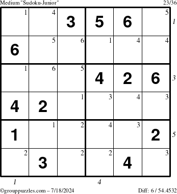 The grouppuzzles.com Medium Sudoku-Junior puzzle for Thursday July 18, 2024, suitable for printing, with all 6 steps marked