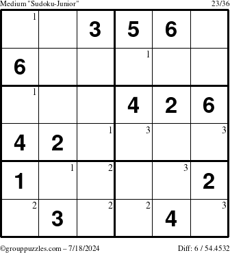 The grouppuzzles.com Medium Sudoku-Junior puzzle for Thursday July 18, 2024 with the first 3 steps marked