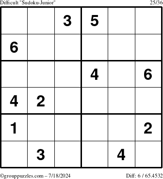 The grouppuzzles.com Difficult Sudoku-Junior puzzle for Thursday July 18, 2024