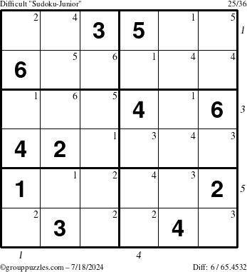 The grouppuzzles.com Difficult Sudoku-Junior puzzle for Thursday July 18, 2024 with all 6 steps marked