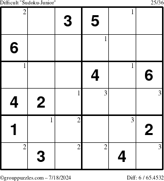 The grouppuzzles.com Difficult Sudoku-Junior puzzle for Thursday July 18, 2024 with the first 3 steps marked