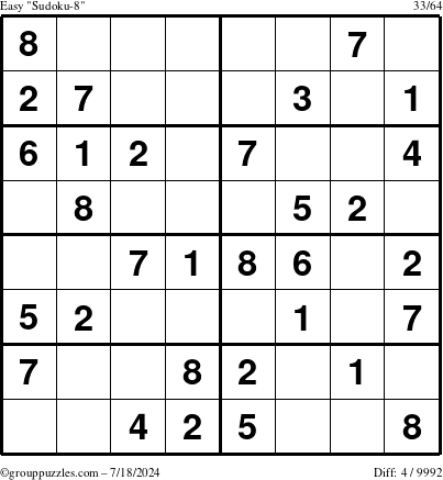 The grouppuzzles.com Easy Sudoku-8 puzzle for Thursday July 18, 2024