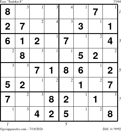 The grouppuzzles.com Easy Sudoku-8 puzzle for Thursday July 18, 2024 with all 4 steps marked