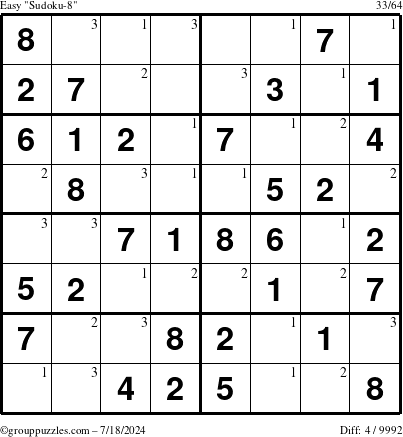 The grouppuzzles.com Easy Sudoku-8 puzzle for Thursday July 18, 2024 with the first 3 steps marked