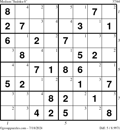 The grouppuzzles.com Medium Sudoku-8 puzzle for Thursday July 18, 2024 with all 5 steps marked