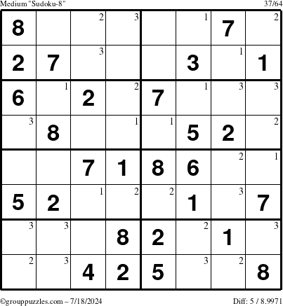 The grouppuzzles.com Medium Sudoku-8 puzzle for Thursday July 18, 2024 with the first 3 steps marked