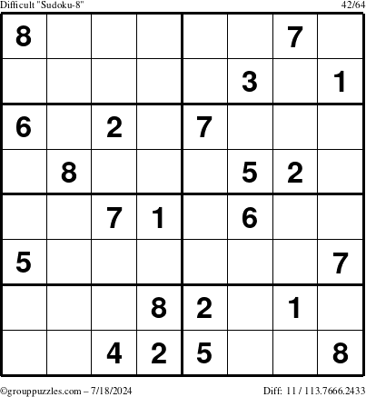 The grouppuzzles.com Difficult Sudoku-8 puzzle for Thursday July 18, 2024