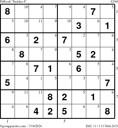 The grouppuzzles.com Difficult Sudoku-8 puzzle for Thursday July 18, 2024 with all 11 steps marked