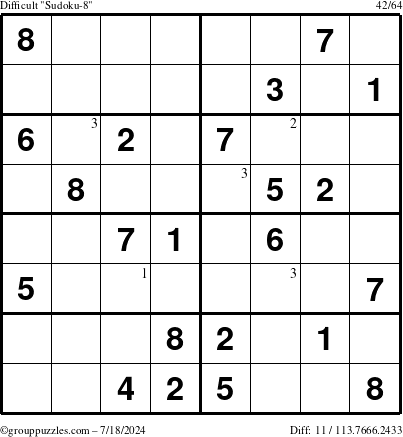 The grouppuzzles.com Difficult Sudoku-8 puzzle for Thursday July 18, 2024 with the first 3 steps marked