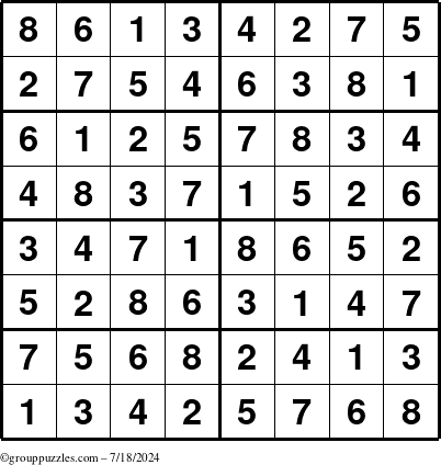 The grouppuzzles.com Answer grid for the Sudoku-8 puzzle for Thursday July 18, 2024