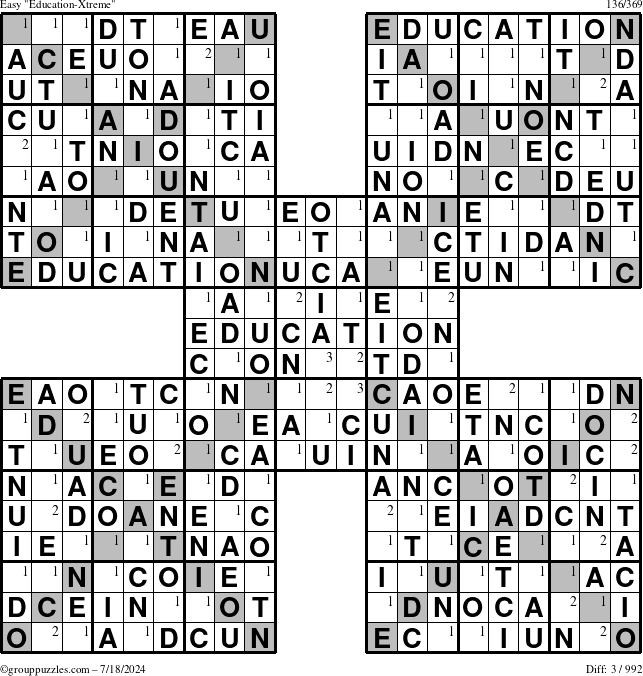 The grouppuzzles.com Easy Education-Xtreme puzzle for Thursday July 18, 2024 with the first 3 steps marked