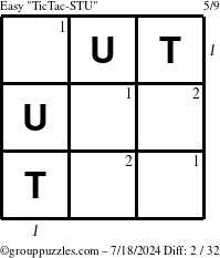 The grouppuzzles.com Easy TicTac-STU puzzle for Thursday July 18, 2024 with all 2 steps marked