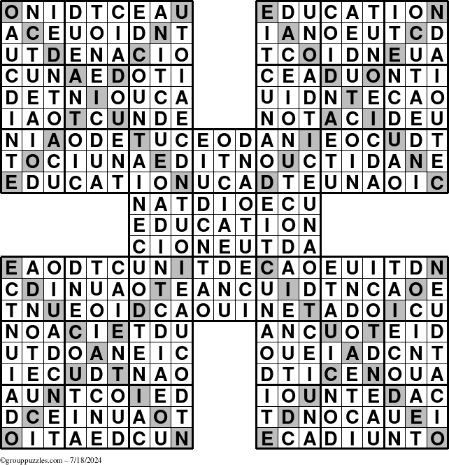 The grouppuzzles.com Answer grid for the Education-Xtreme puzzle for Thursday July 18, 2024