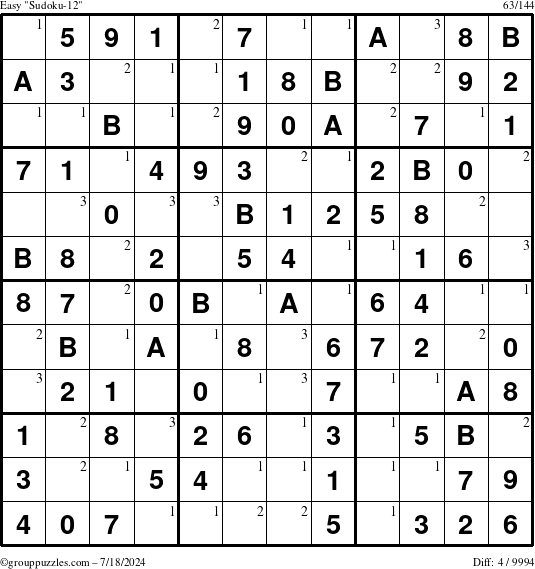 The grouppuzzles.com Easy Sudoku-12 puzzle for Thursday July 18, 2024 with the first 3 steps marked