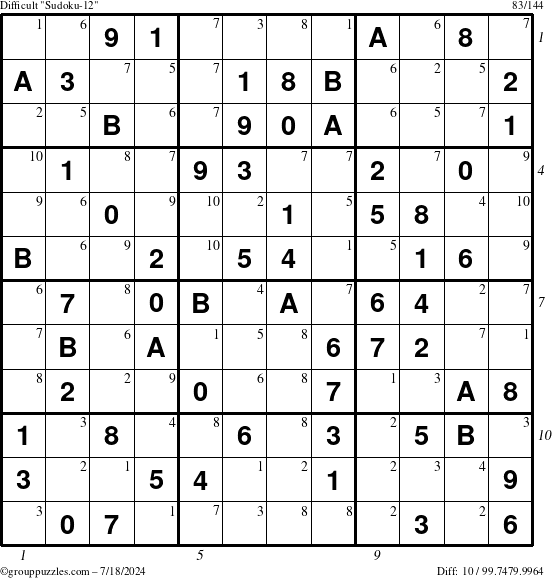 The grouppuzzles.com Difficult Sudoku-12 puzzle for Thursday July 18, 2024 with all 10 steps marked