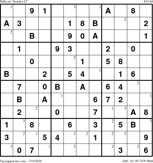 The grouppuzzles.com Difficult Sudoku-12 puzzle for Thursday July 18, 2024 with the first 3 steps marked