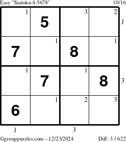 The grouppuzzles.com Easy Sudoku-4-5678 puzzle for Monday December 23, 2024 with all 3 steps marked