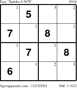 The grouppuzzles.com Easy Sudoku-4-5678 puzzle for Monday December 23, 2024 with the first 3 steps marked