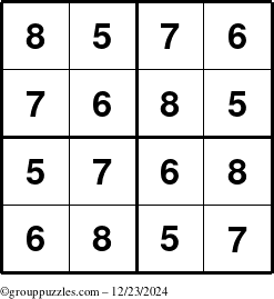 The grouppuzzles.com Answer grid for the Sudoku-4-5678 puzzle for Monday December 23, 2024