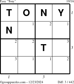 The grouppuzzles.com Easy Tony puzzle for Monday December 23, 2024, suitable for printing, with all 3 steps marked