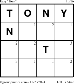 The grouppuzzles.com Easy Tony puzzle for Monday December 23, 2024 with the first 3 steps marked