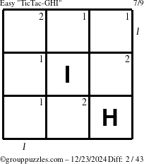 The grouppuzzles.com Easy TicTac-GHI puzzle for Monday December 23, 2024 with all 2 steps marked