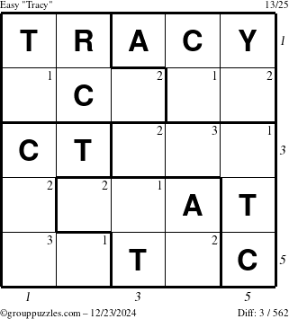 The grouppuzzles.com Easy Tracy puzzle for Monday December 23, 2024 with all 3 steps marked