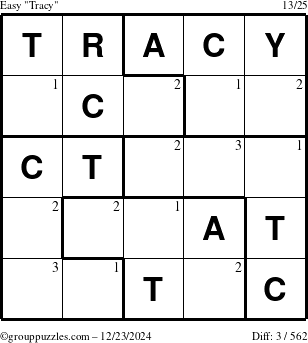 The grouppuzzles.com Easy Tracy puzzle for Monday December 23, 2024 with the first 3 steps marked